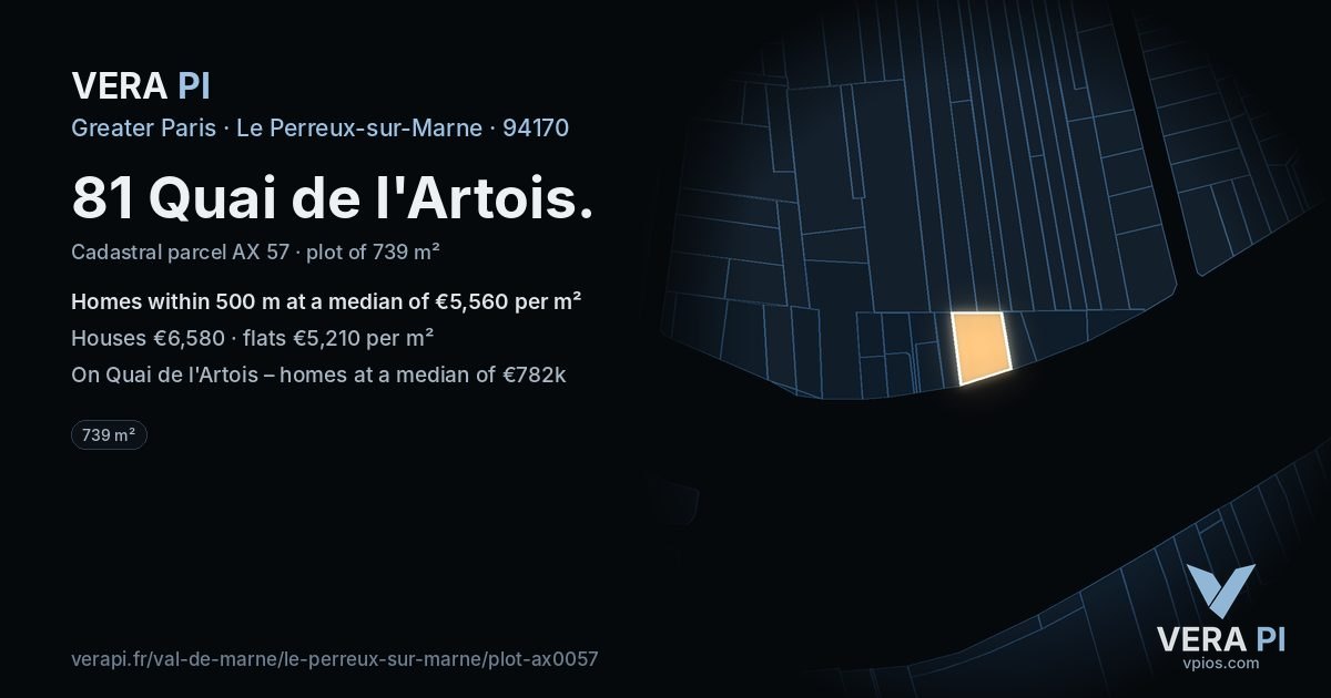 81 Quai de l'Artois, Le Perreux-sur-Marne at night – the plot lit, the parcels around coloured by the prices near them