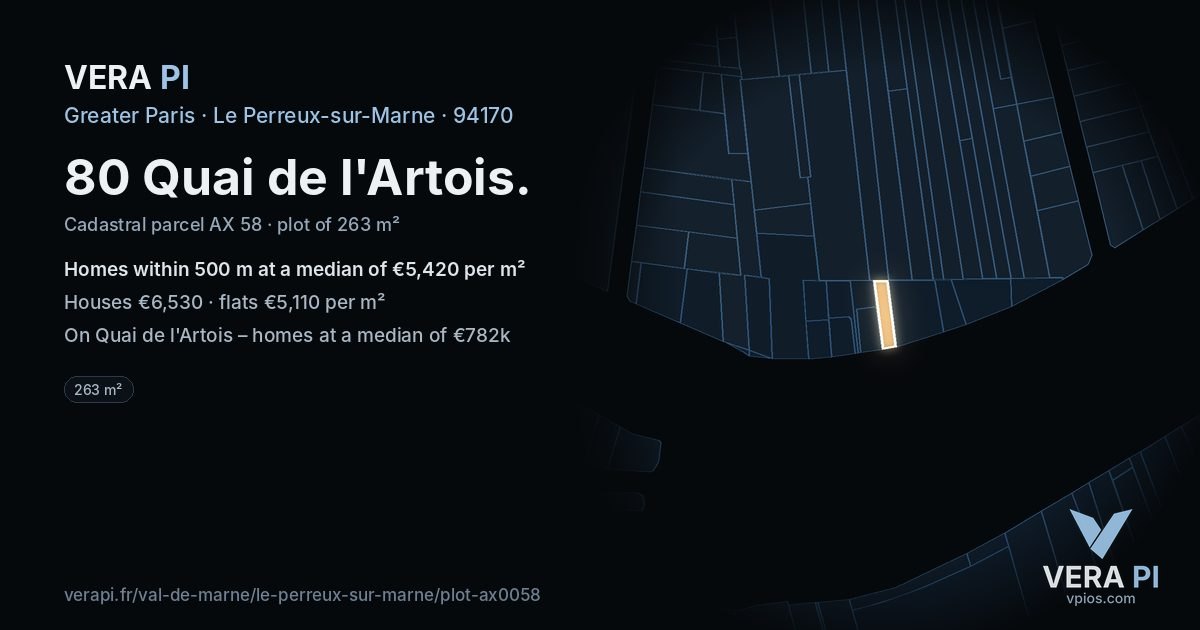 80 Quai de l'Artois, Le Perreux-sur-Marne at night – the plot lit, the parcels around coloured by the prices near them