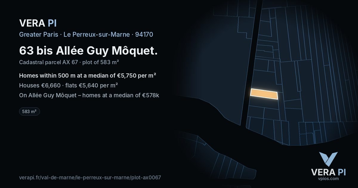 63 bis Allée Guy Môquet, Le Perreux-sur-Marne at night – the plot lit, the parcels around coloured by the prices near them
