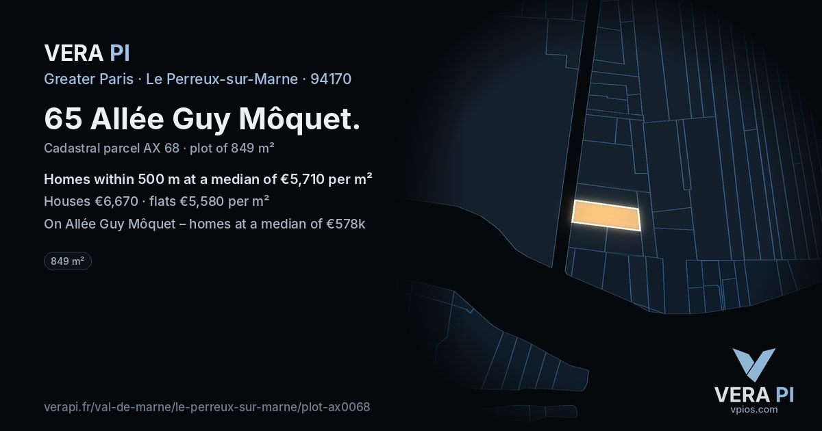 65 Allée Guy Môquet, Le Perreux-sur-Marne at night – the plot lit, the parcels around coloured by the prices near them