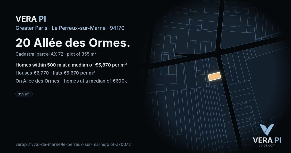 20 Allée des Ormes, Le Perreux-sur-Marne at night – the plot lit, the parcels around coloured by the prices near them