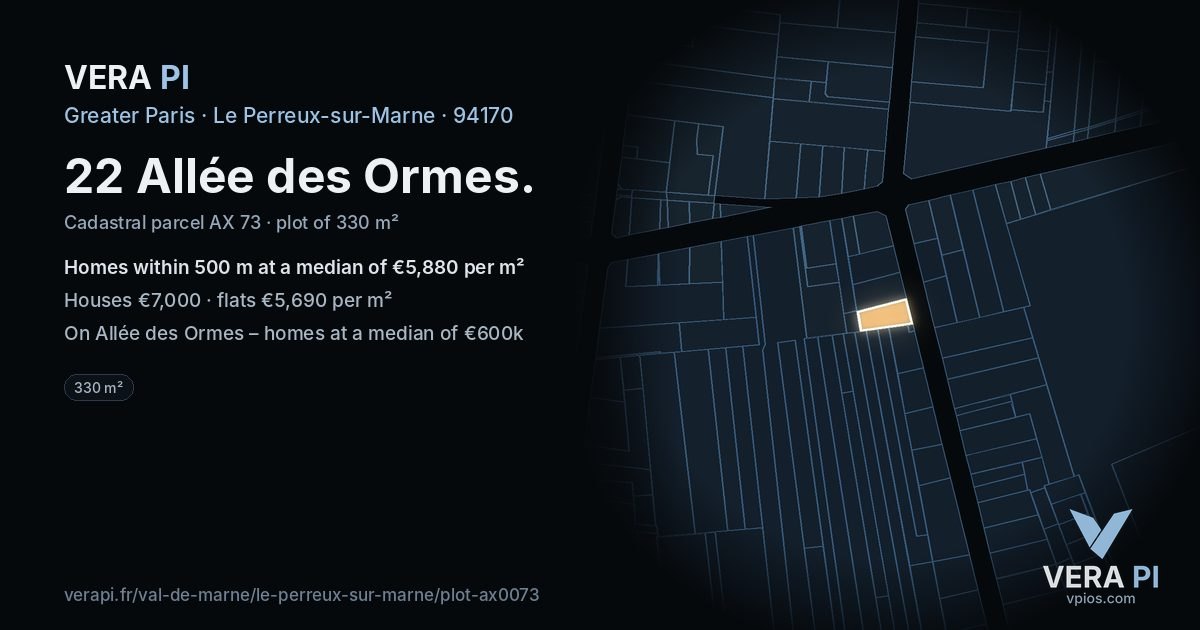 22 Allée des Ormes, Le Perreux-sur-Marne at night – the plot lit, the parcels around coloured by the prices near them