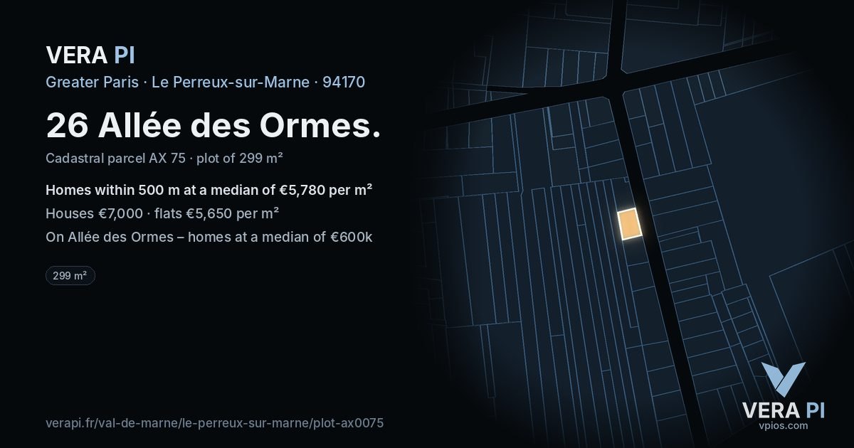 26 Allée des Ormes, Le Perreux-sur-Marne at night – the plot lit, the parcels around coloured by the prices near them