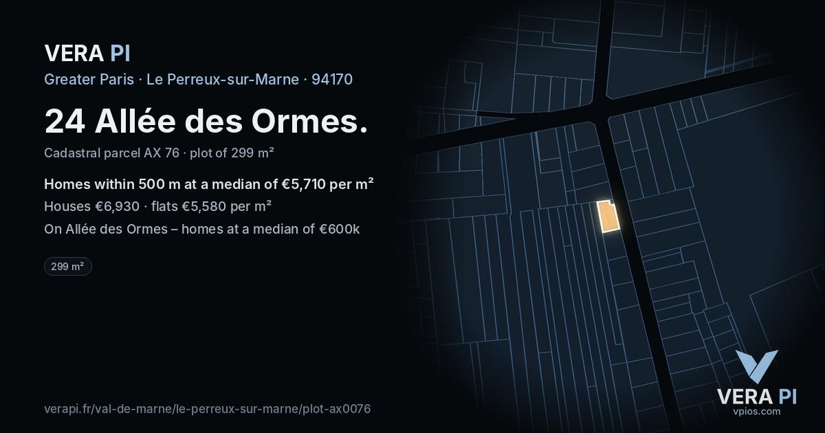 24 Allée des Ormes, Le Perreux-sur-Marne at night – the plot lit, the parcels around coloured by the prices near them