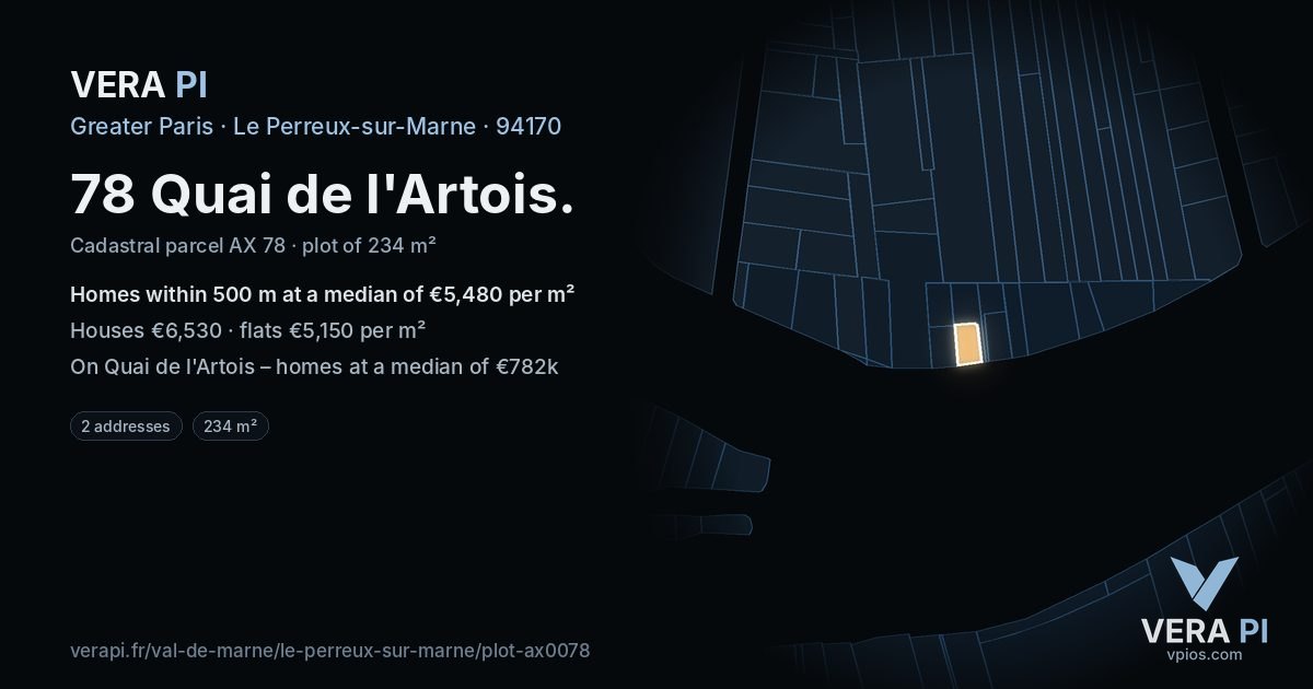 78 Quai de l'Artois, Le Perreux-sur-Marne at night – the plot lit, the parcels around coloured by the prices near them