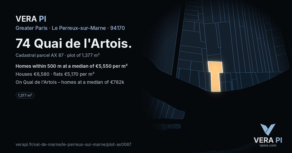 74 Quai de l'Artois, Le Perreux-sur-Marne at night – the plot lit, the parcels around coloured by the prices near them
