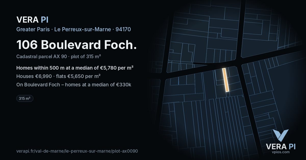 106 Boulevard Foch, Le Perreux-sur-Marne at night – the plot lit, the parcels around coloured by the prices near them