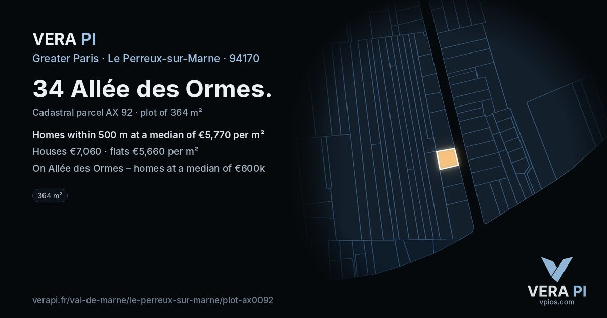 34 Allée des Ormes, Le Perreux-sur-Marne at night – the plot lit, the parcels around coloured by the prices near them