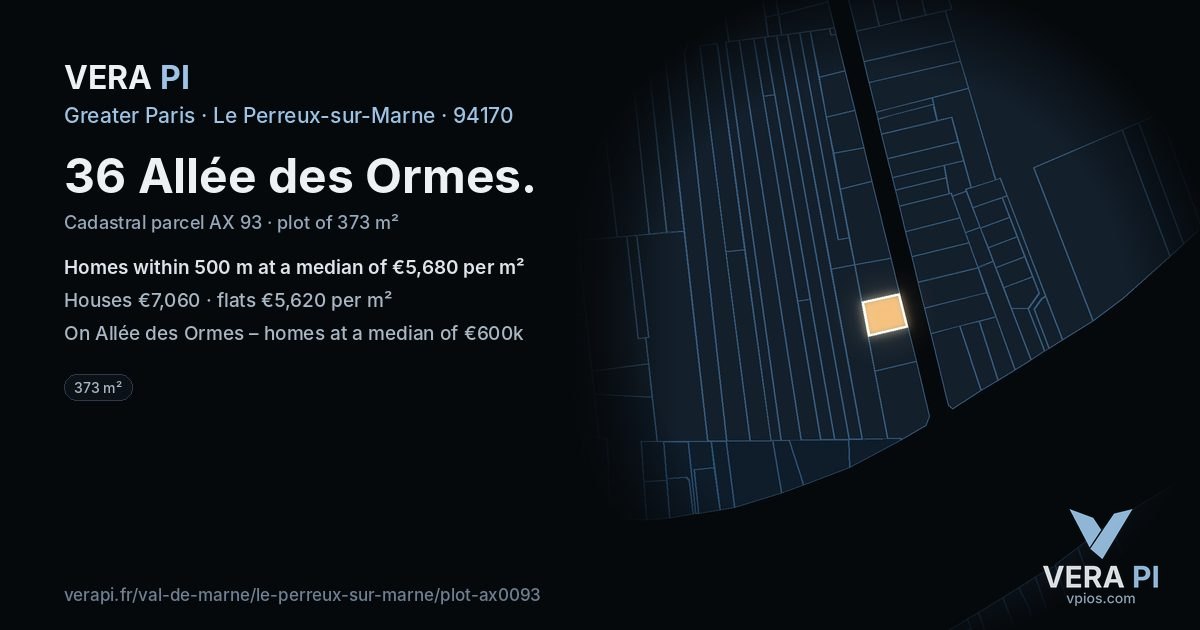 36 Allée des Ormes, Le Perreux-sur-Marne at night – the plot lit, the parcels around coloured by the prices near them