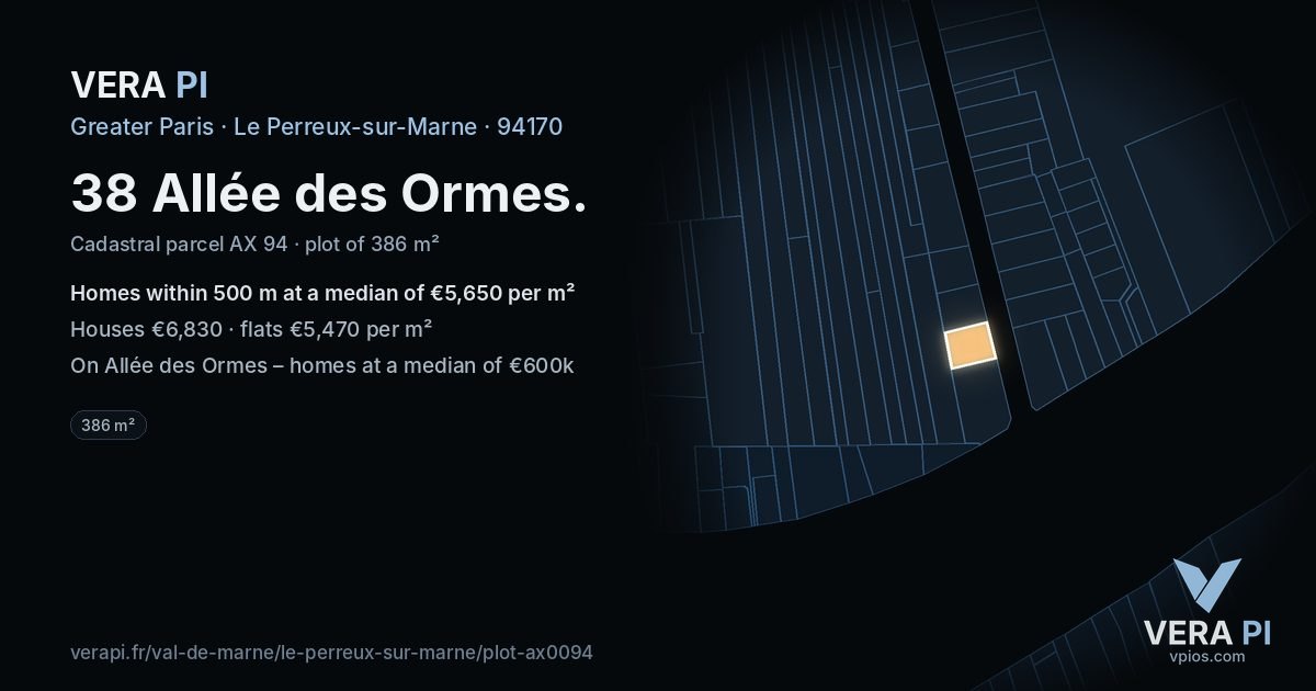 38 Allée des Ormes, Le Perreux-sur-Marne at night – the plot lit, the parcels around coloured by the prices near them