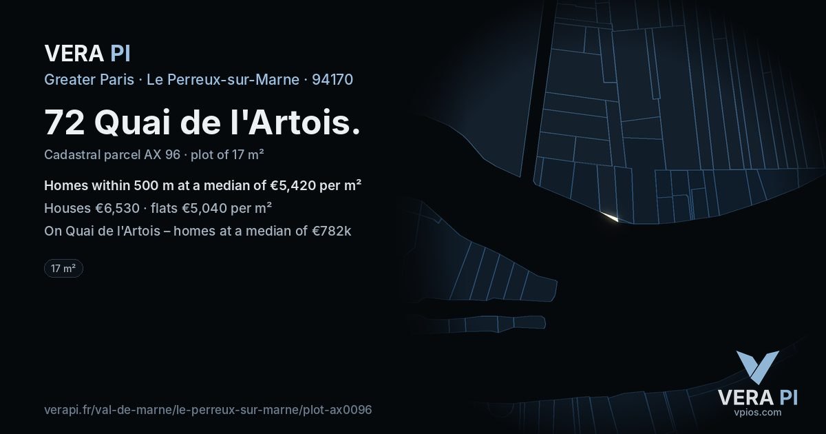 72 Quai de l'Artois, Le Perreux-sur-Marne at night – the plot lit, the parcels around coloured by the prices near them