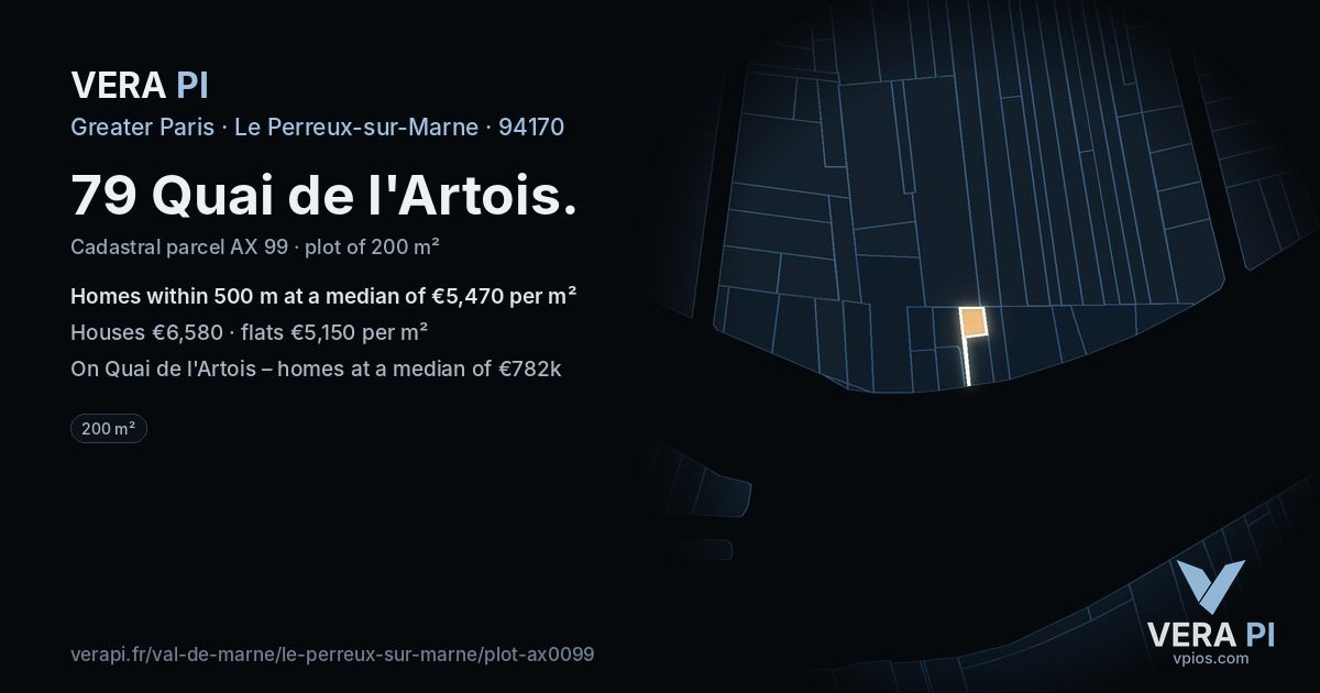 79 Quai de l'Artois, Le Perreux-sur-Marne at night – the plot lit, the parcels around coloured by the prices near them