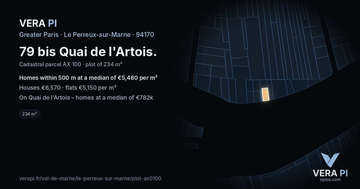79 bis Quai de l'Artois, Le Perreux-sur-Marne at night – the plot lit, the parcels around coloured by the prices near them