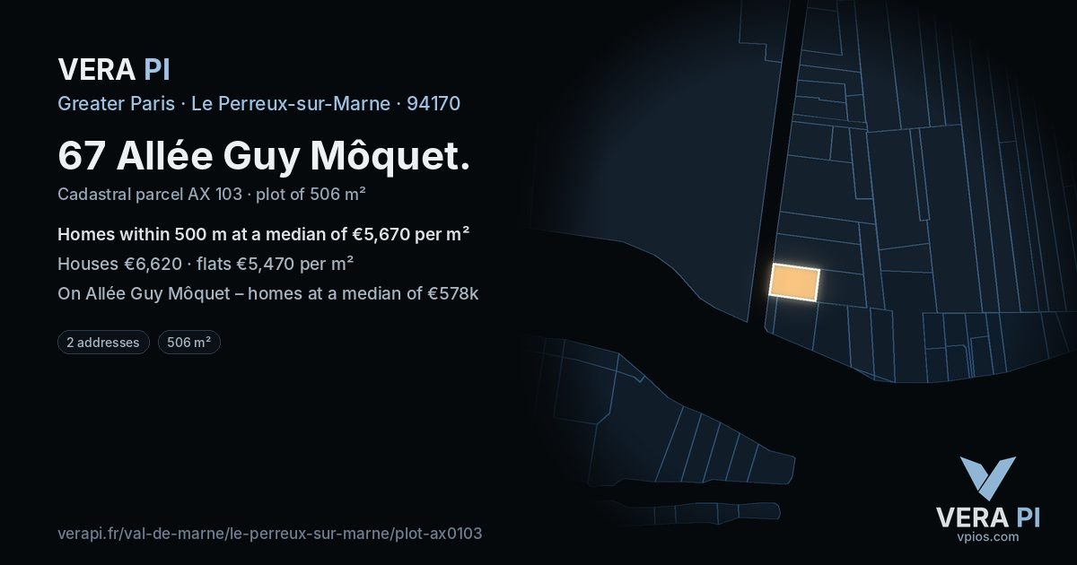 67 Allée Guy Môquet, Le Perreux-sur-Marne at night – the plot lit, the parcels around coloured by the prices near them