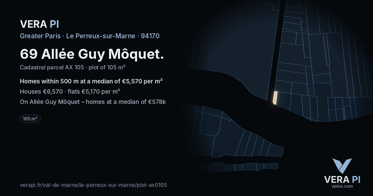 69 Allée Guy Môquet, Le Perreux-sur-Marne at night – the plot lit, the parcels around coloured by the prices near them