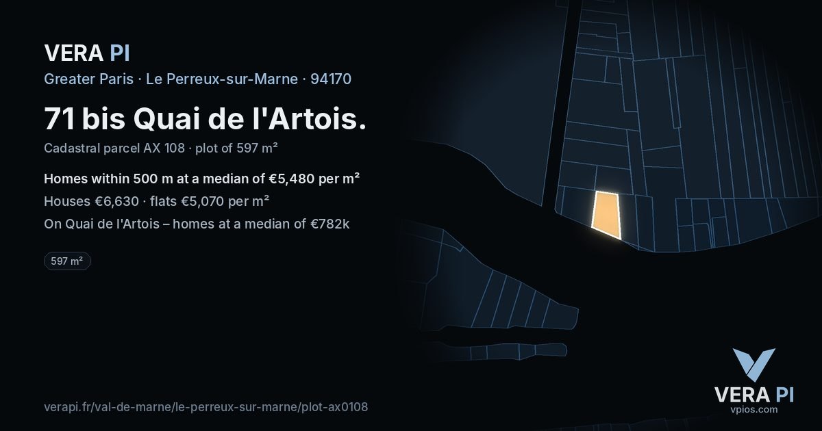 71 bis Quai de l'Artois, Le Perreux-sur-Marne at night – the plot lit, the parcels around coloured by the prices near them
