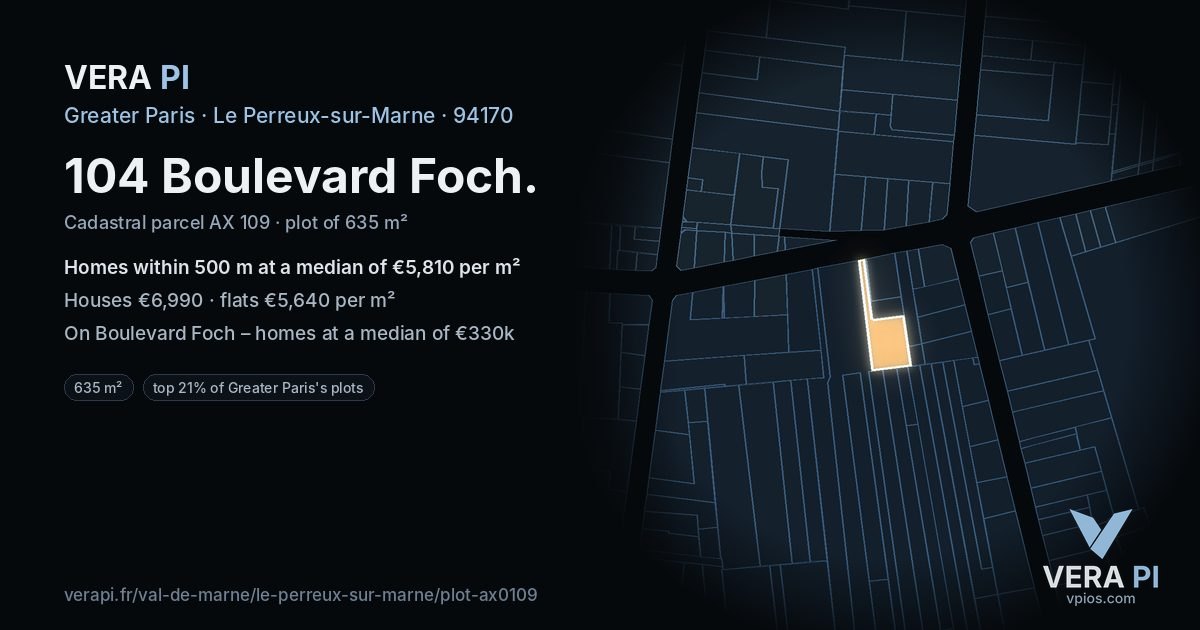 104 Boulevard Foch, Le Perreux-sur-Marne at night – the plot lit, the parcels around coloured by the prices near them