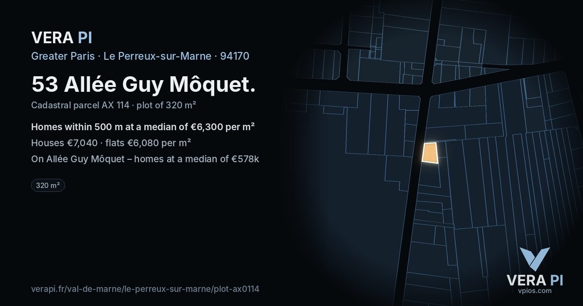 53 Allée Guy Môquet, Le Perreux-sur-Marne at night – the plot lit, the parcels around coloured by the prices near them
