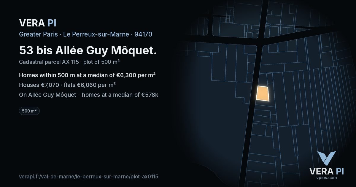53 bis Allée Guy Môquet, Le Perreux-sur-Marne at night – the plot lit, the parcels around coloured by the prices near them
