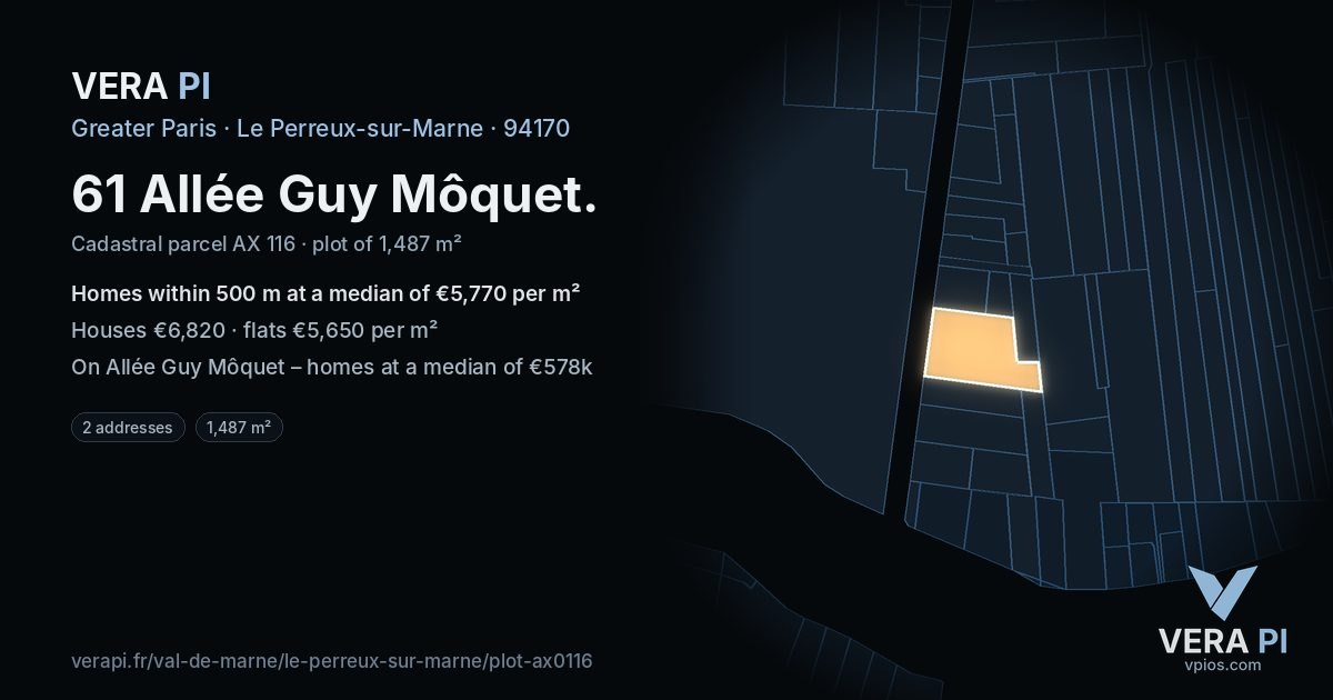 61 Allée Guy Môquet, Le Perreux-sur-Marne at night – the plot lit, the parcels around coloured by the prices near them
