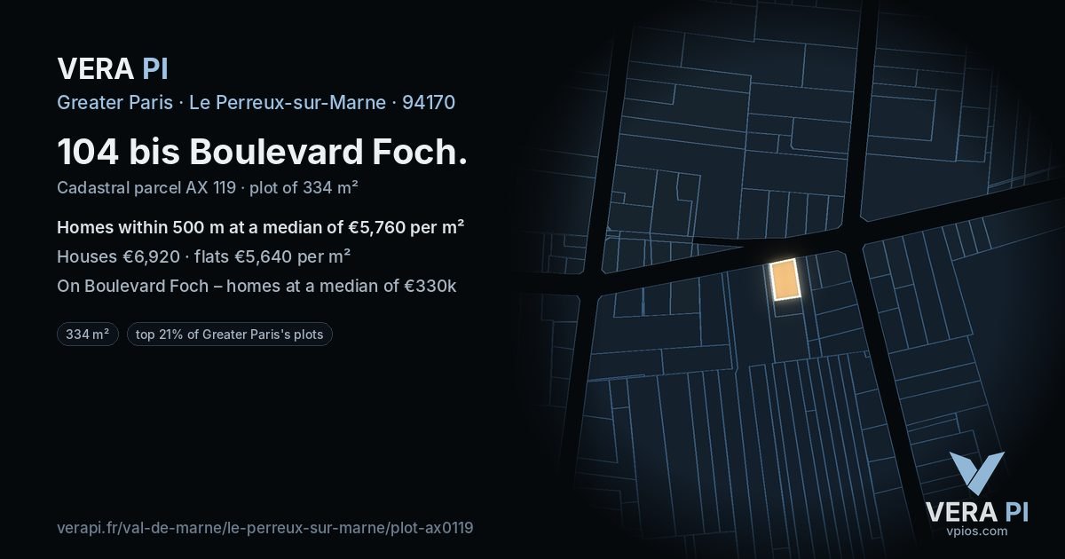 104 bis Boulevard Foch, Le Perreux-sur-Marne at night – the plot lit, the parcels around coloured by the prices near them