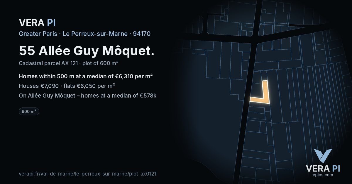 55 Allée Guy Môquet, Le Perreux-sur-Marne at night – the plot lit, the parcels around coloured by the prices near them