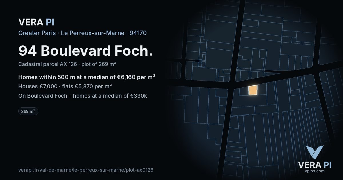 94 Boulevard Foch, Le Perreux-sur-Marne at night – the plot lit, the parcels around coloured by the prices near them