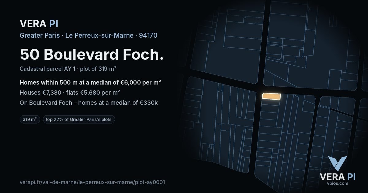 50 Boulevard Foch, Le Perreux-sur-Marne at night – the plot lit, the parcels around coloured by the prices near them