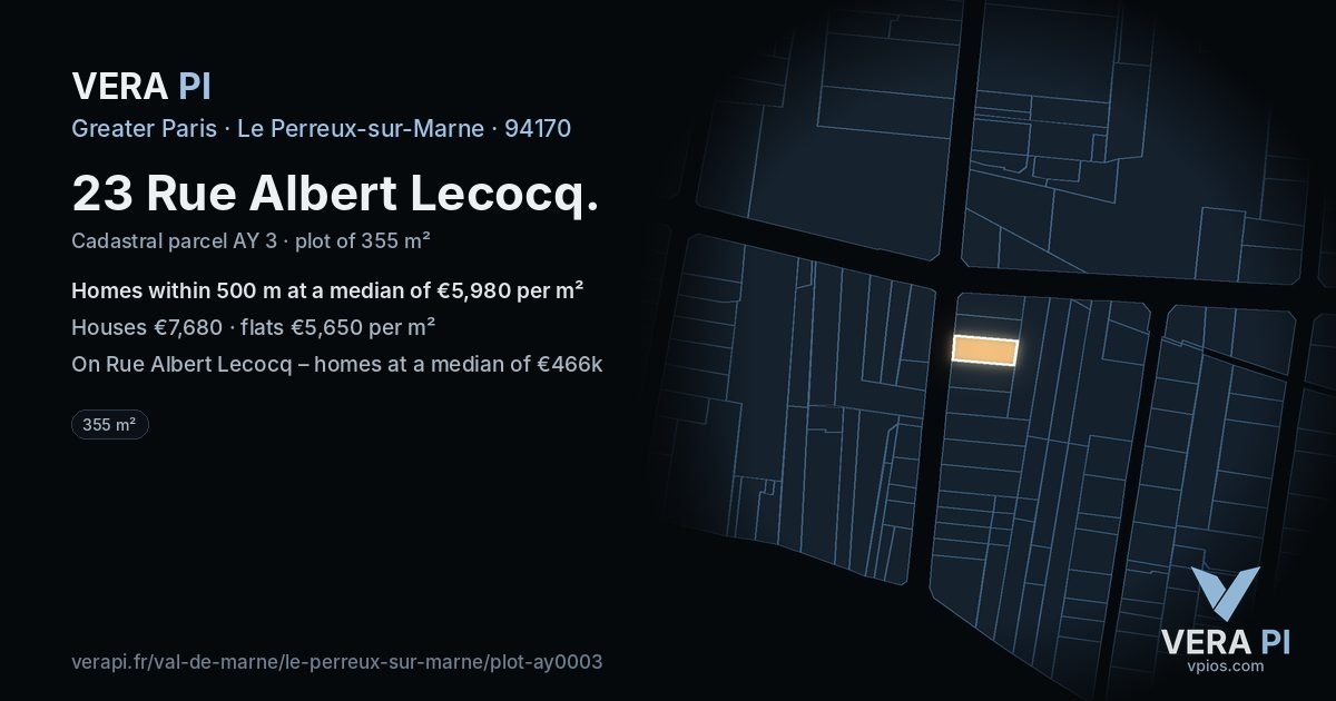 23 Rue Albert Lecocq, Le Perreux-sur-Marne at night – the plot lit, the parcels around coloured by the prices near them