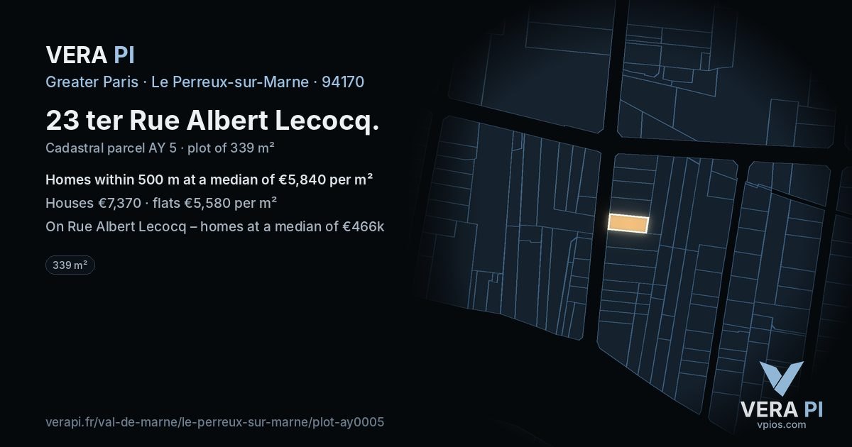 23 ter Rue Albert Lecocq, Le Perreux-sur-Marne at night – the plot lit, the parcels around coloured by the prices near them