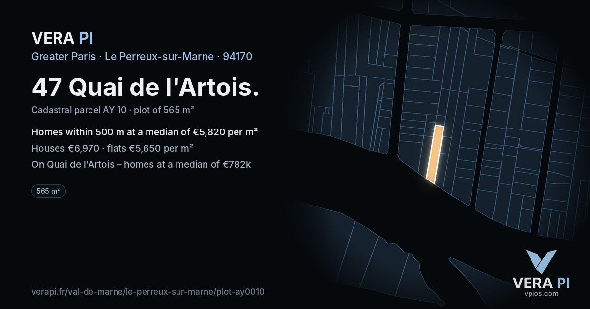 47 Quai de l'Artois, Le Perreux-sur-Marne at night – the plot lit, the parcels around coloured by the prices near them