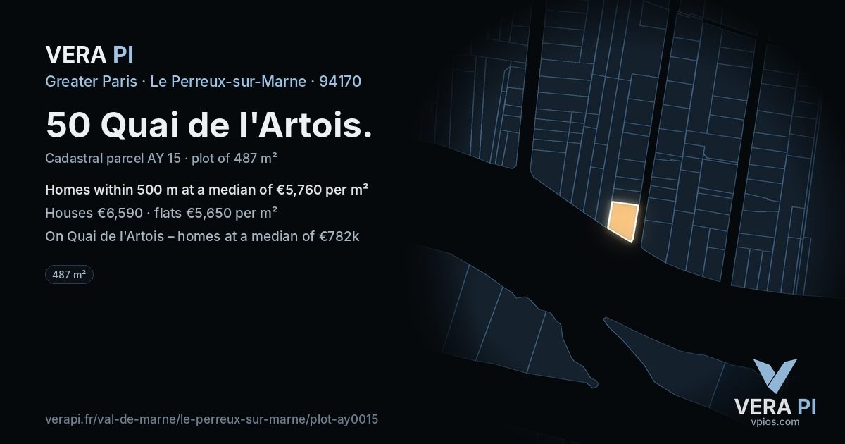 50 Quai de l'Artois, Le Perreux-sur-Marne at night – the plot lit, the parcels around coloured by the prices near them