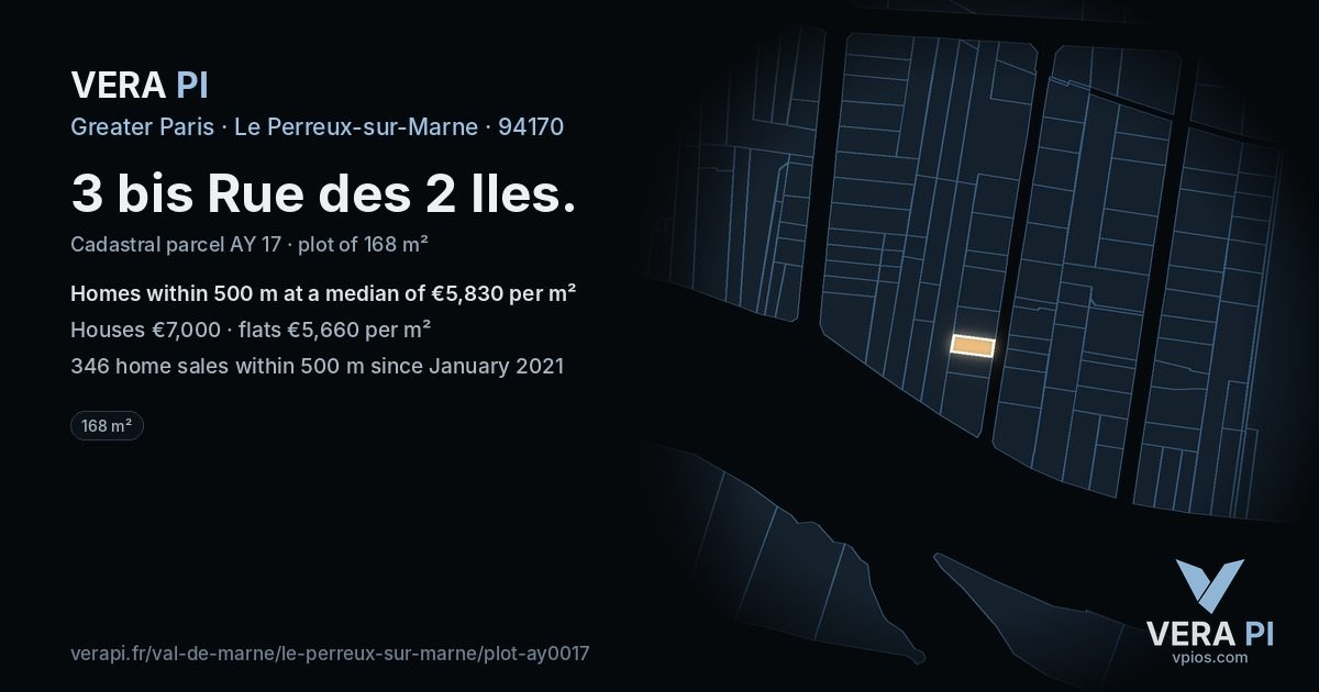 3 bis Rue des 2 Iles, Le Perreux-sur-Marne at night – the plot lit, the parcels around coloured by the prices near them