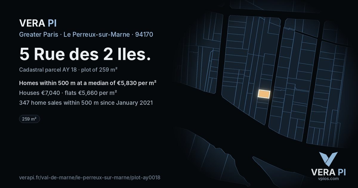 5 Rue des 2 Iles, Le Perreux-sur-Marne at night – the plot lit, the parcels around coloured by the prices near them