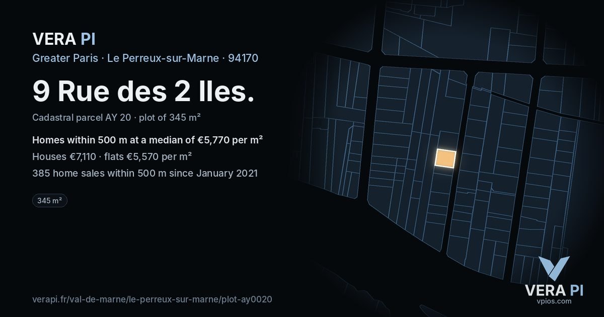 9 Rue des 2 Iles, Le Perreux-sur-Marne at night – the plot lit, the parcels around coloured by the prices near them