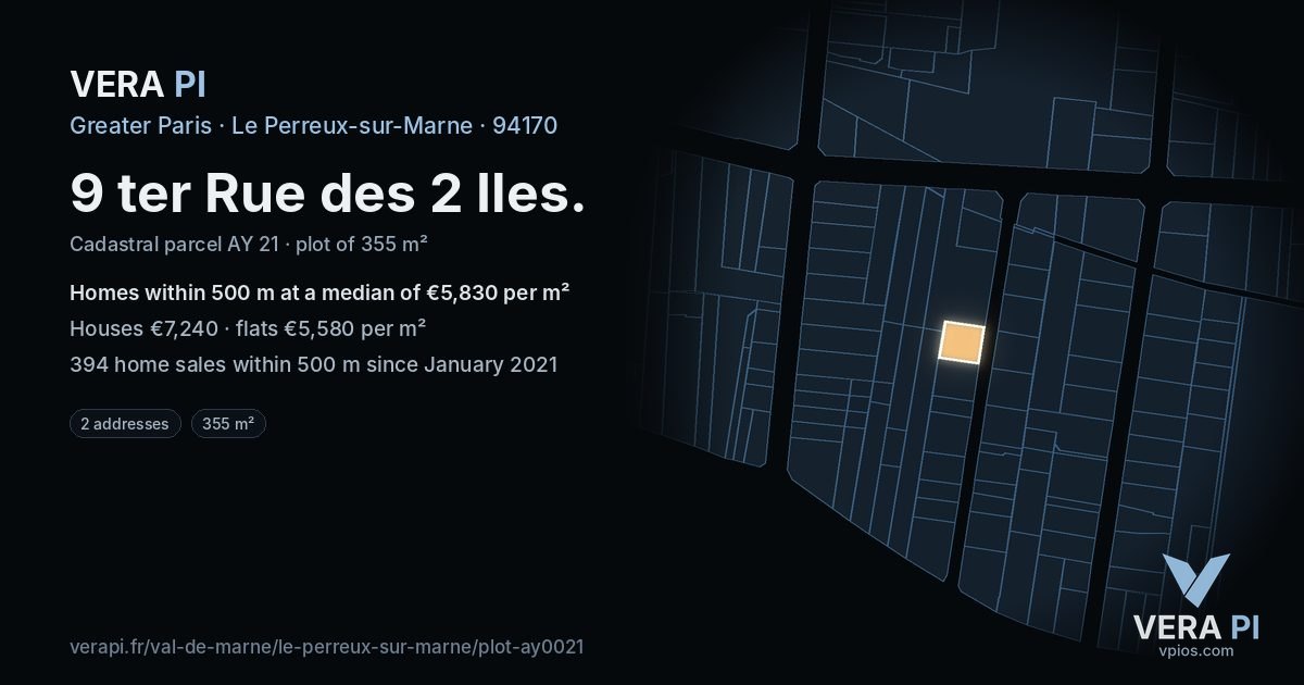 9 ter Rue des 2 Iles, Le Perreux-sur-Marne at night – the plot lit, the parcels around coloured by the prices near them