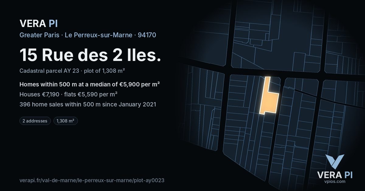 15 Rue des 2 Iles, Le Perreux-sur-Marne at night – the plot lit, the parcels around coloured by the prices near them