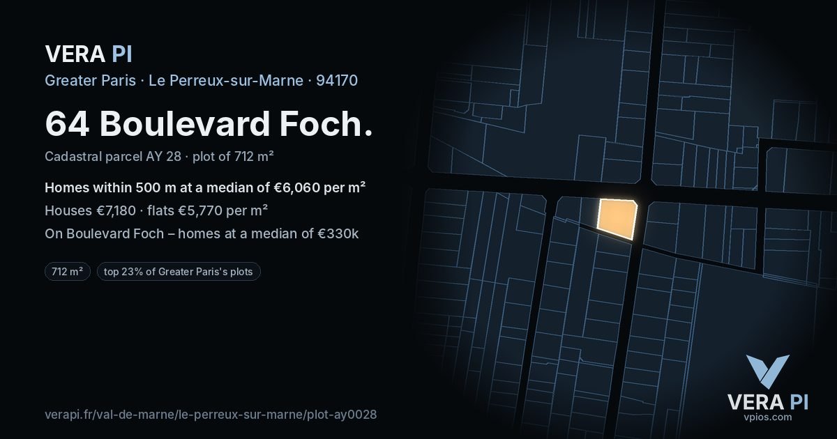 64 Boulevard Foch, Le Perreux-sur-Marne at night – the plot lit, the parcels around coloured by the prices near them