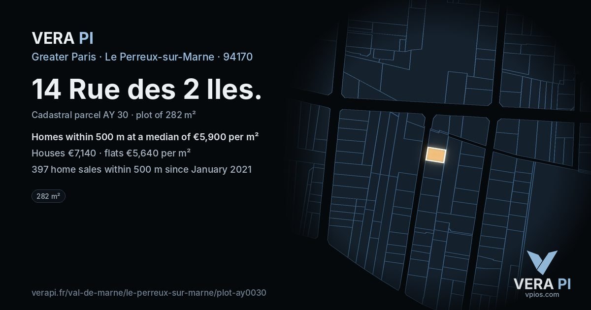14 Rue des 2 Iles, Le Perreux-sur-Marne at night – the plot lit, the parcels around coloured by the prices near them