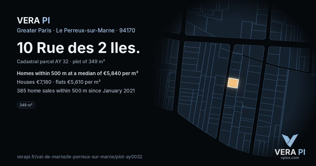 10 Rue des 2 Iles, Le Perreux-sur-Marne at night – the plot lit, the parcels around coloured by the prices near them