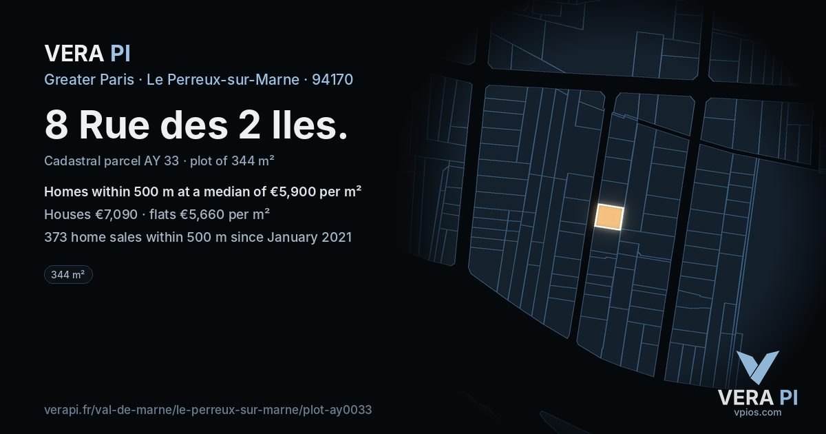 8 Rue des 2 Iles, Le Perreux-sur-Marne at night – the plot lit, the parcels around coloured by the prices near them