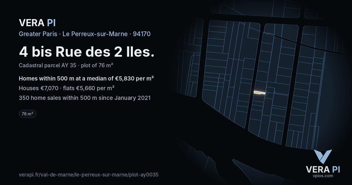 4 bis Rue des 2 Iles, Le Perreux-sur-Marne at night – the plot lit, the parcels around coloured by the prices near them