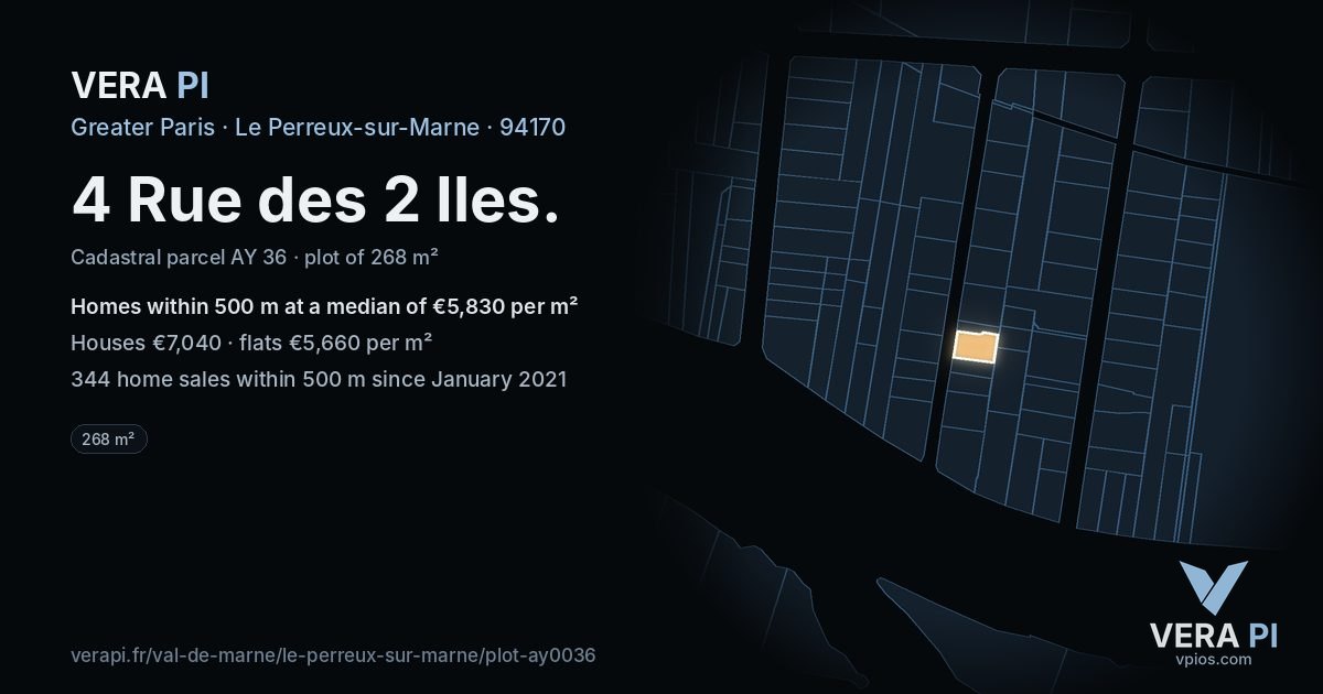 4 Rue des 2 Iles, Le Perreux-sur-Marne at night – the plot lit, the parcels around coloured by the prices near them