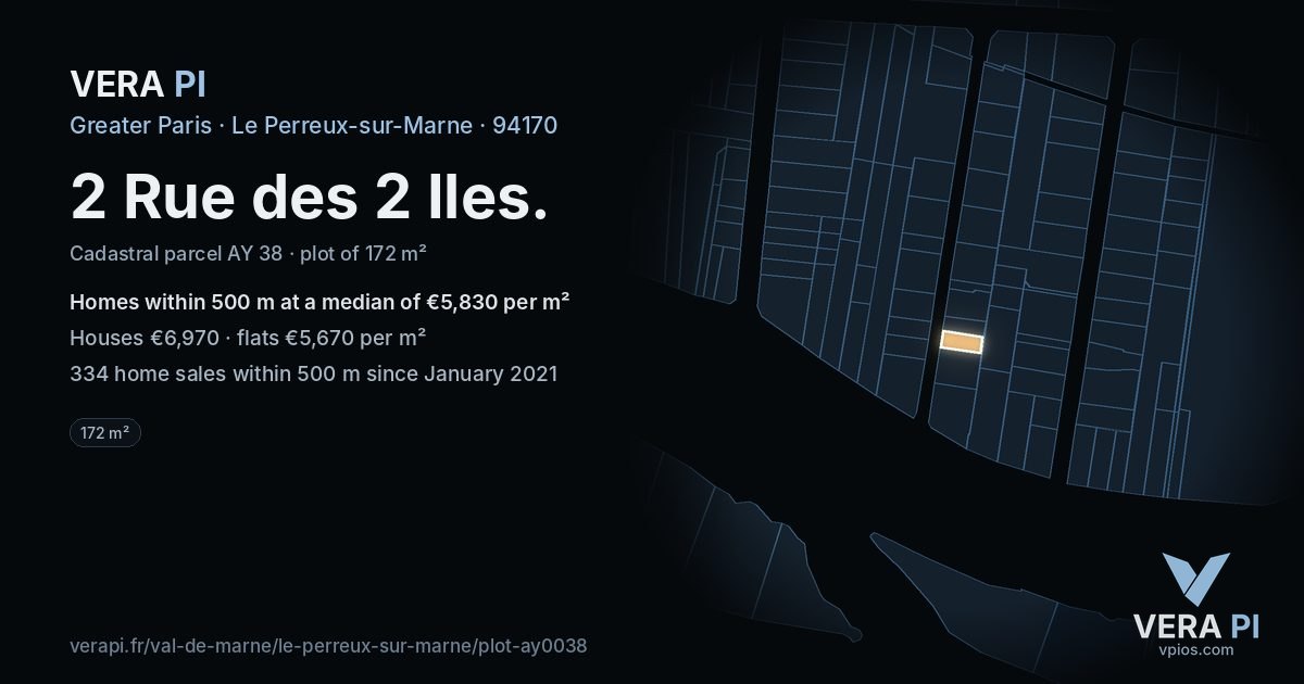 2 Rue des 2 Iles, Le Perreux-sur-Marne at night – the plot lit, the parcels around coloured by the prices near them