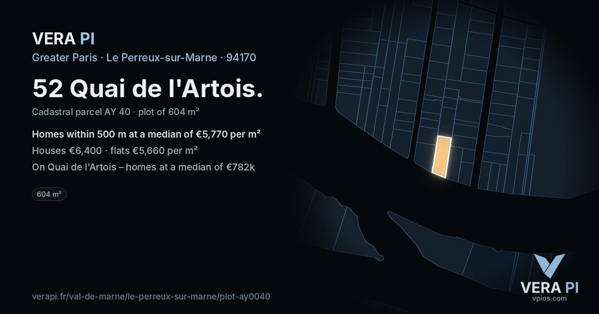 52 Quai de l'Artois, Le Perreux-sur-Marne at night – the plot lit, the parcels around coloured by the prices near them