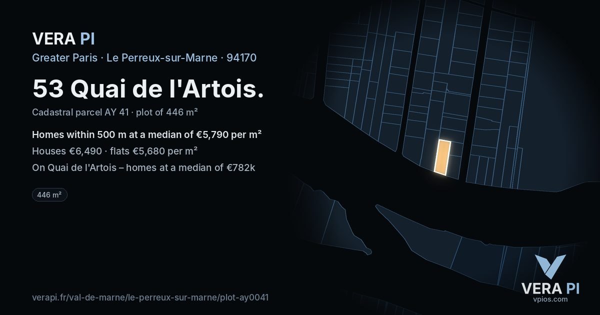53 Quai de l'Artois, Le Perreux-sur-Marne at night – the plot lit, the parcels around coloured by the prices near them