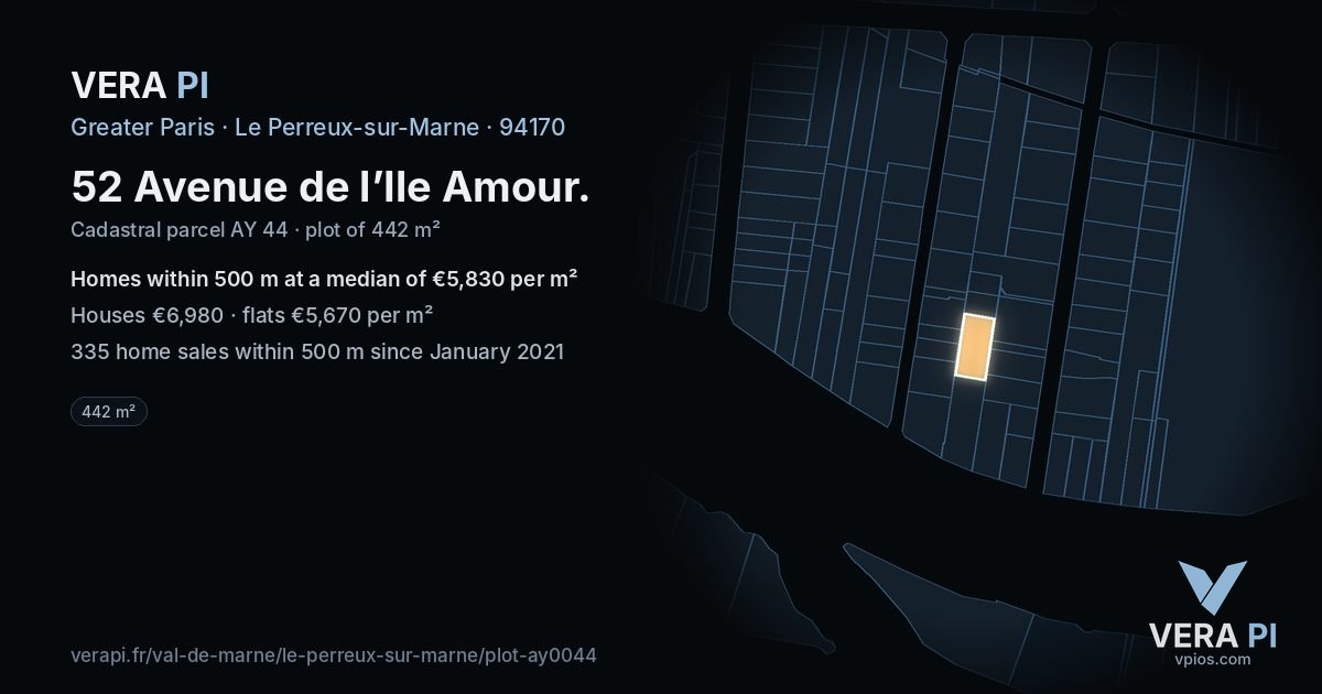 52 Avenue de l’Ile Amour, Le Perreux-sur-Marne at night – the plot lit, the parcels around coloured by the prices near them