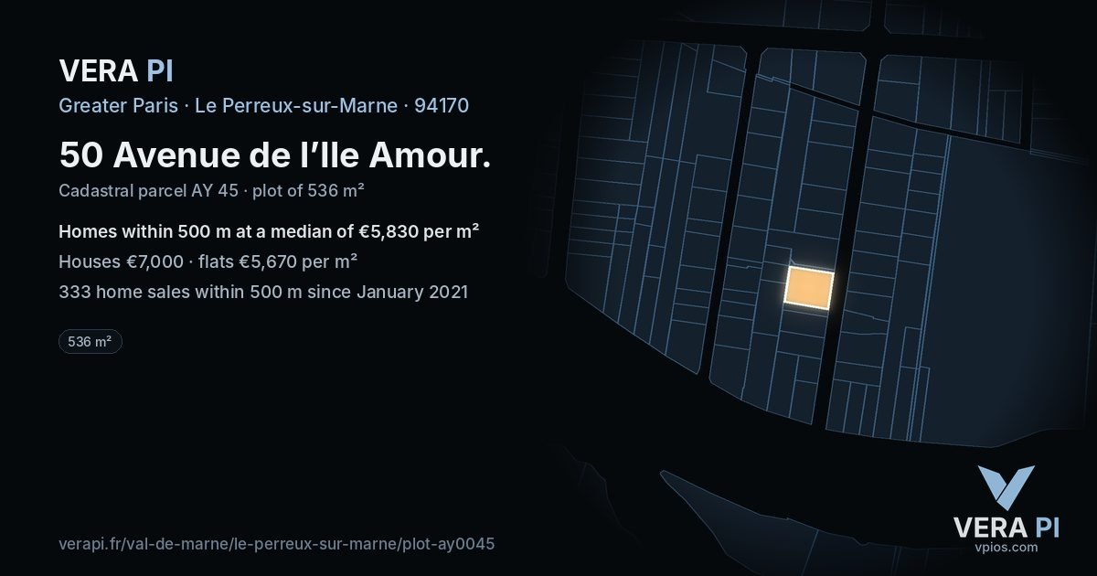 50 Avenue de l’Ile Amour, Le Perreux-sur-Marne at night – the plot lit, the parcels around coloured by the prices near them