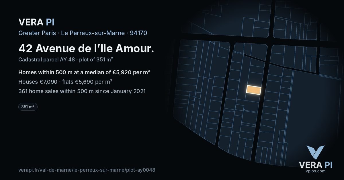 42 Avenue de l’Ile Amour, Le Perreux-sur-Marne at night – the plot lit, the parcels around coloured by the prices near them