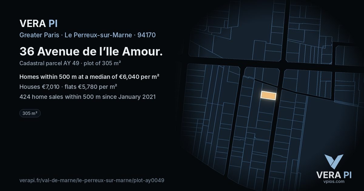 36 Avenue de l’Ile Amour, Le Perreux-sur-Marne at night – the plot lit, the parcels around coloured by the prices near them